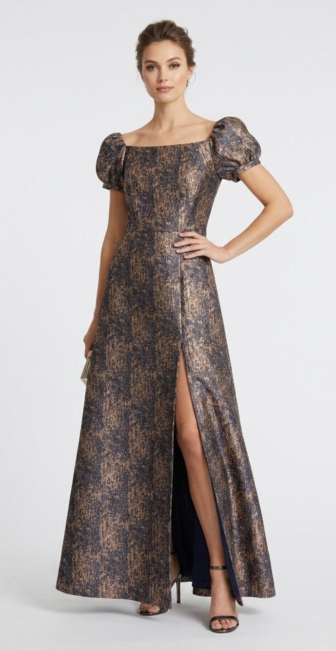 Kay Unger Puff Sleeve Blue Gold Jacquard Gown Size 6 NWT Formal Evening Dress
